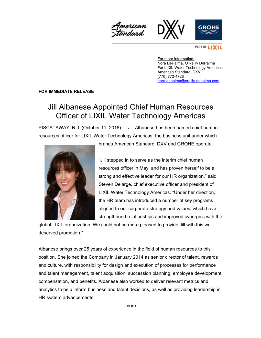 Jill Albanese Appointed Chief Human Resources Officer of LIXIL Water Technology Americas1-1-1