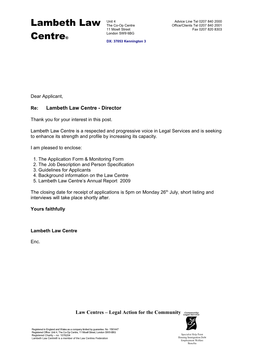 Re:Lambeth Law Centre - Director
