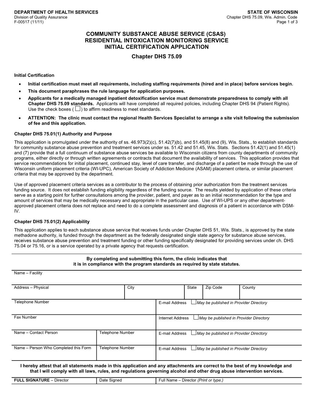CSAS Residential Intoxication Monitoring Service Initial Certification Application-DHS