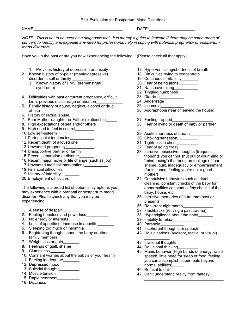 Risk Evaluation for Postpartum Mood Disorders