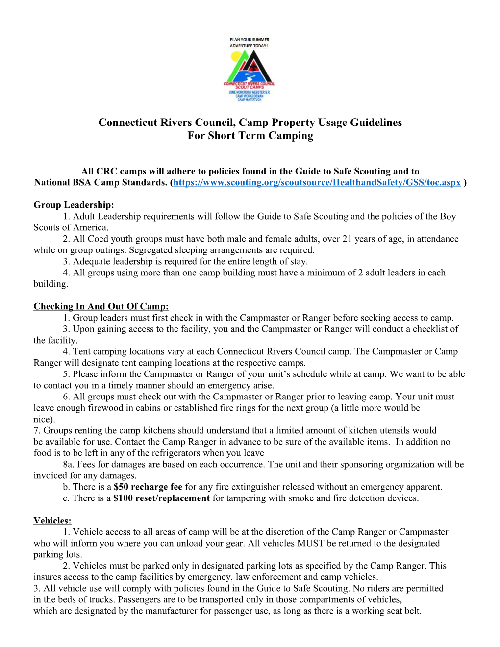 Connecticut Rivers Council, Camp Property Usage Guidelines