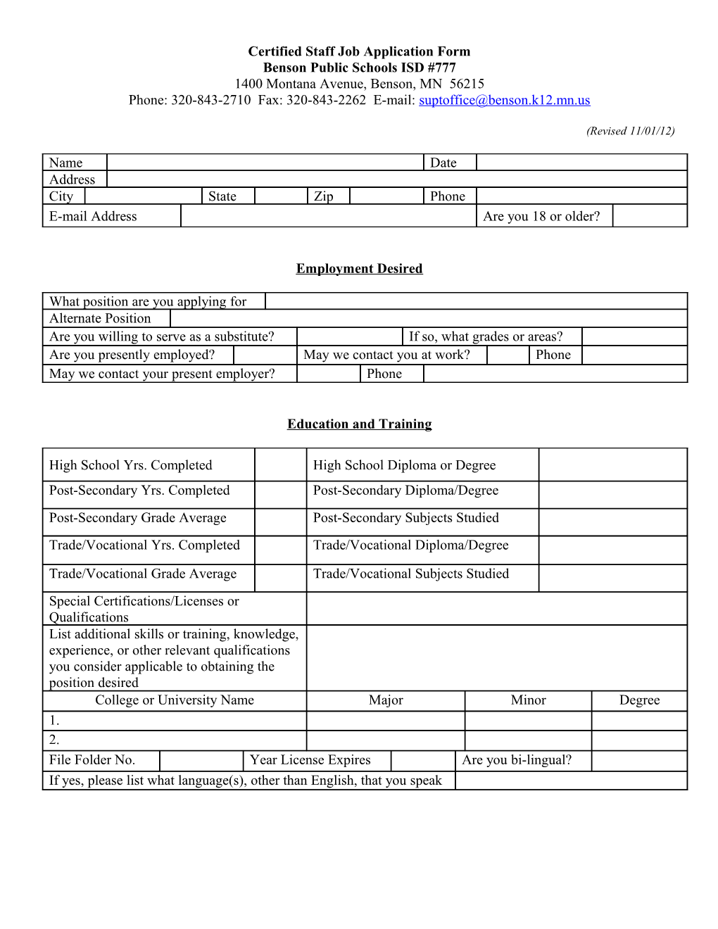 Certified Staff Job Application Form
