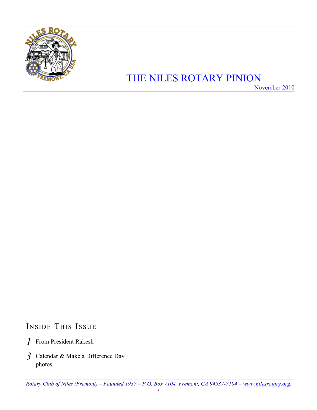 Rotary Club of Niles (Fremont) Founded 1937 P.O. Box 7104, Fremont, CA 94537-7104 . 1