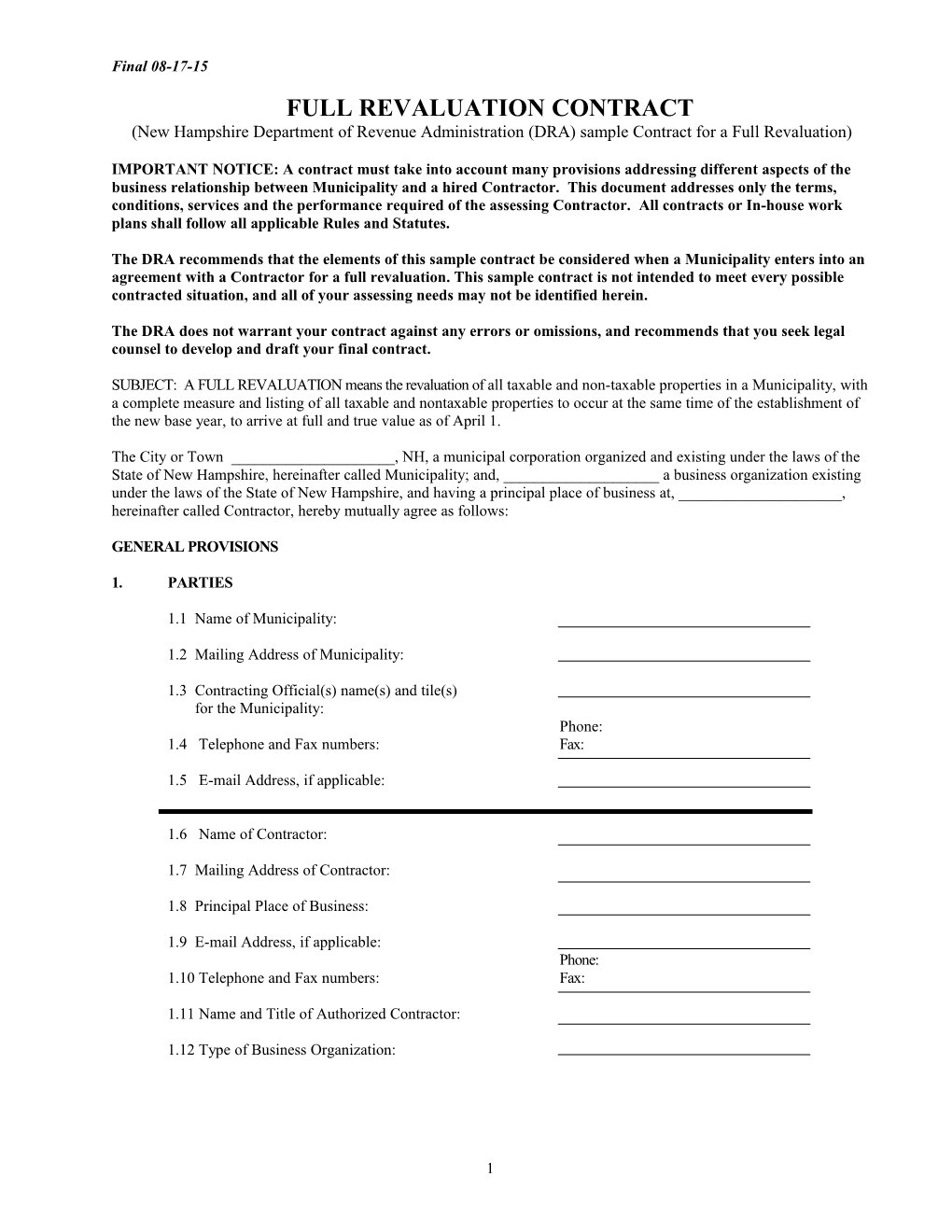 (New Hampshire Department of Revenueadministration (DRA) Sample Contract for a Full