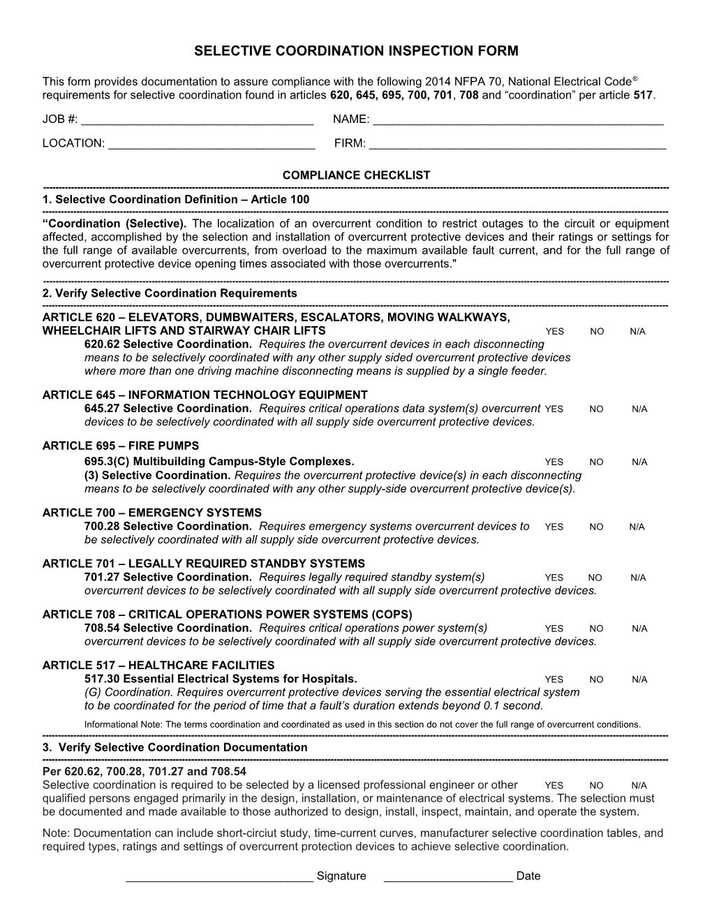 Selective Coordination Requirements Inspection Form