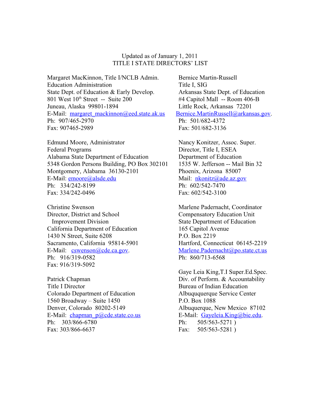 Updated As of January 1, 2011 Title I State Directors' List (MS WORD)