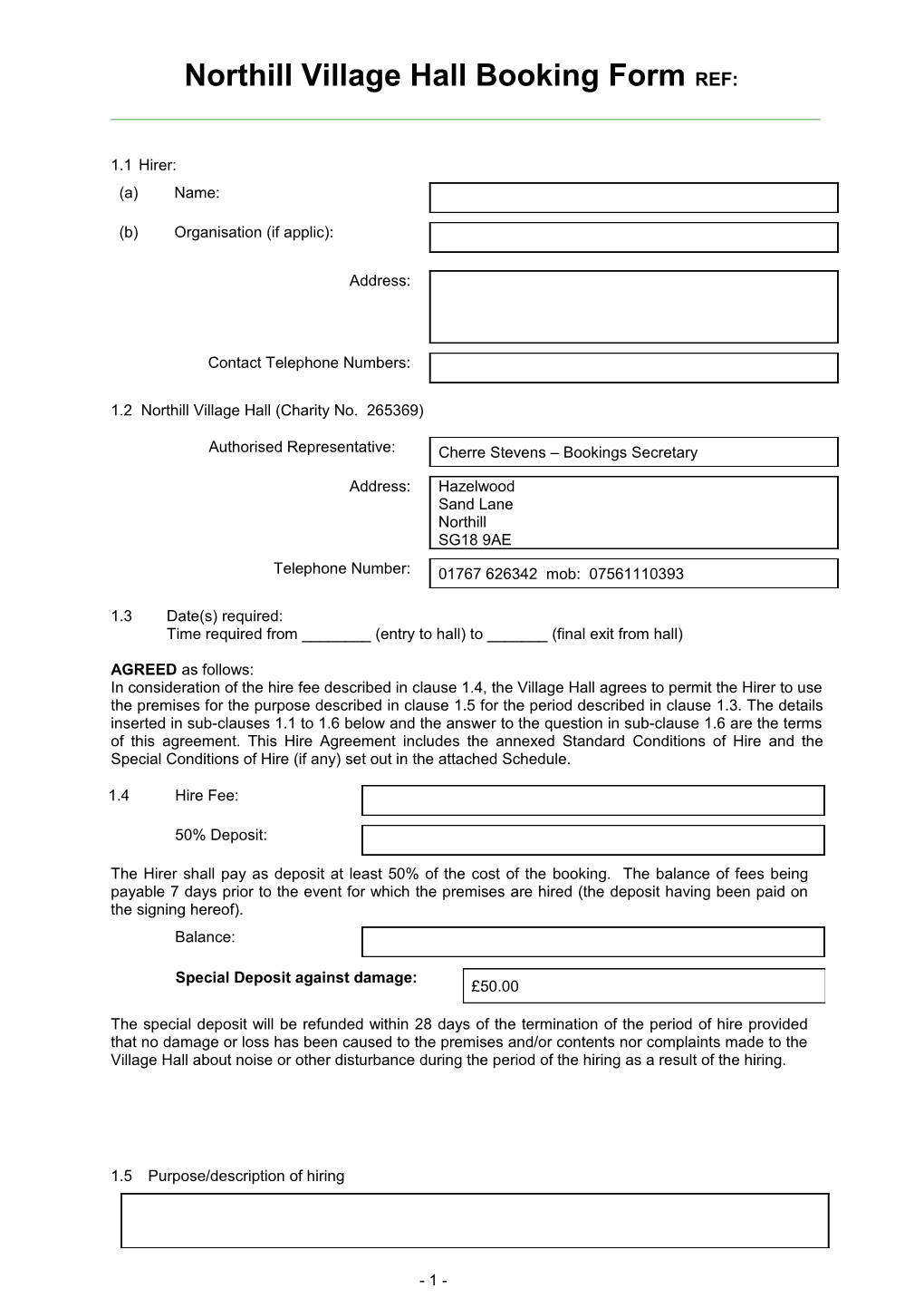 Northill Village Hall Booking Form REF