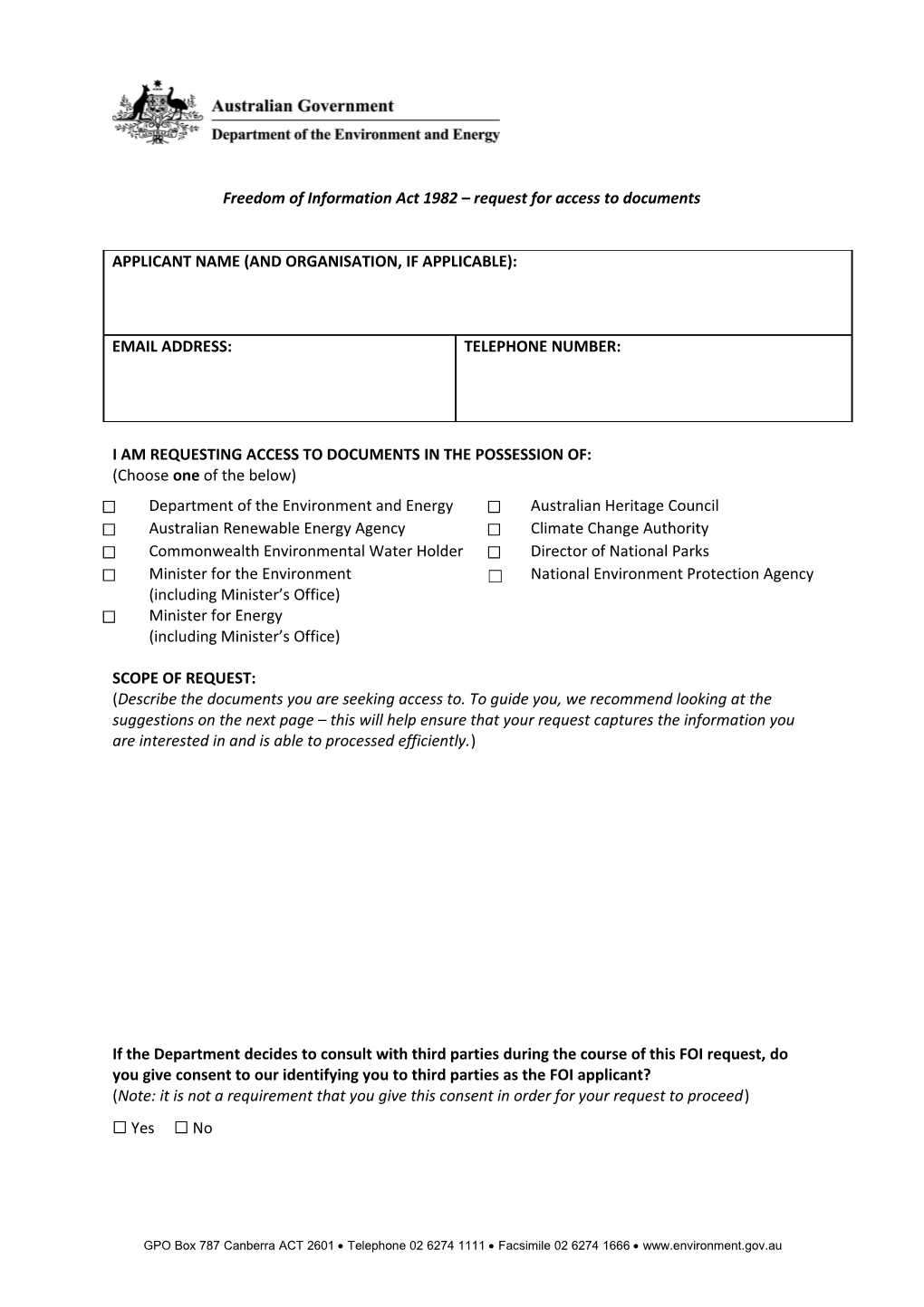 FOI Application Form - Department of the Environment and Energy