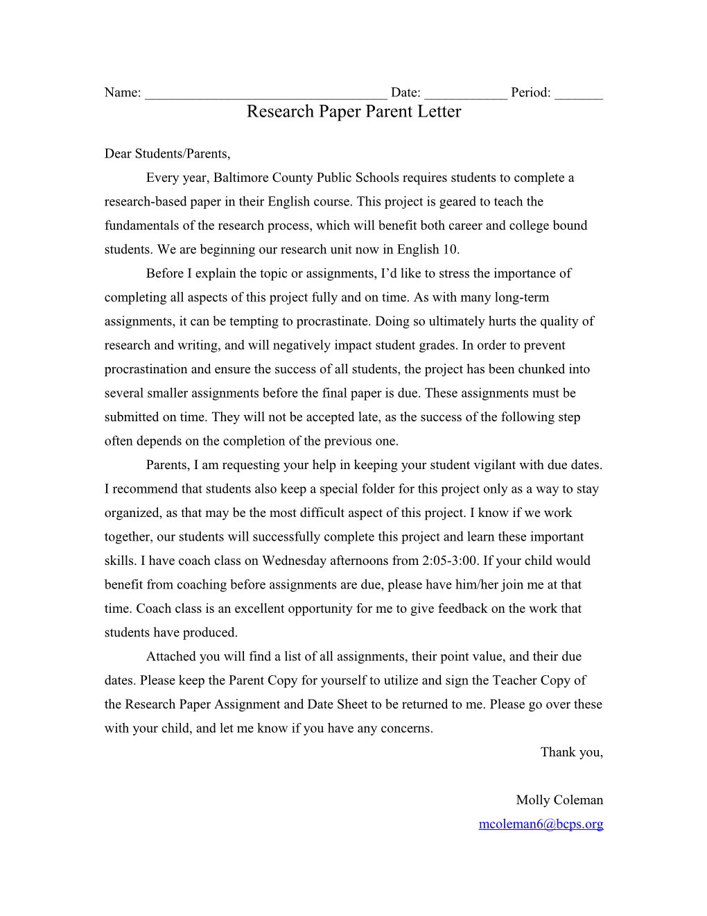 Research Paper Parent Letter