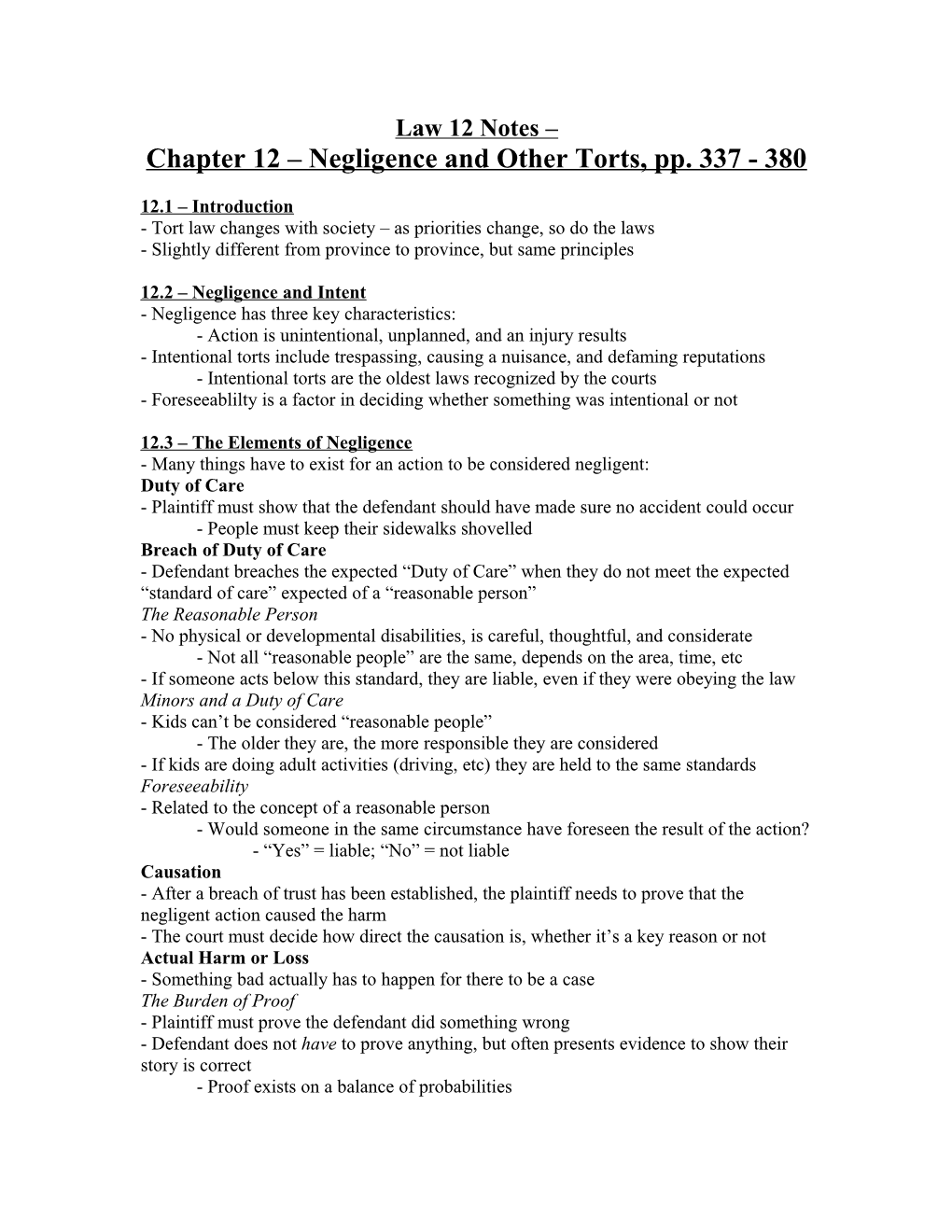 Chapter 12 Negligence and Other Torts, Pp. 337 - 380