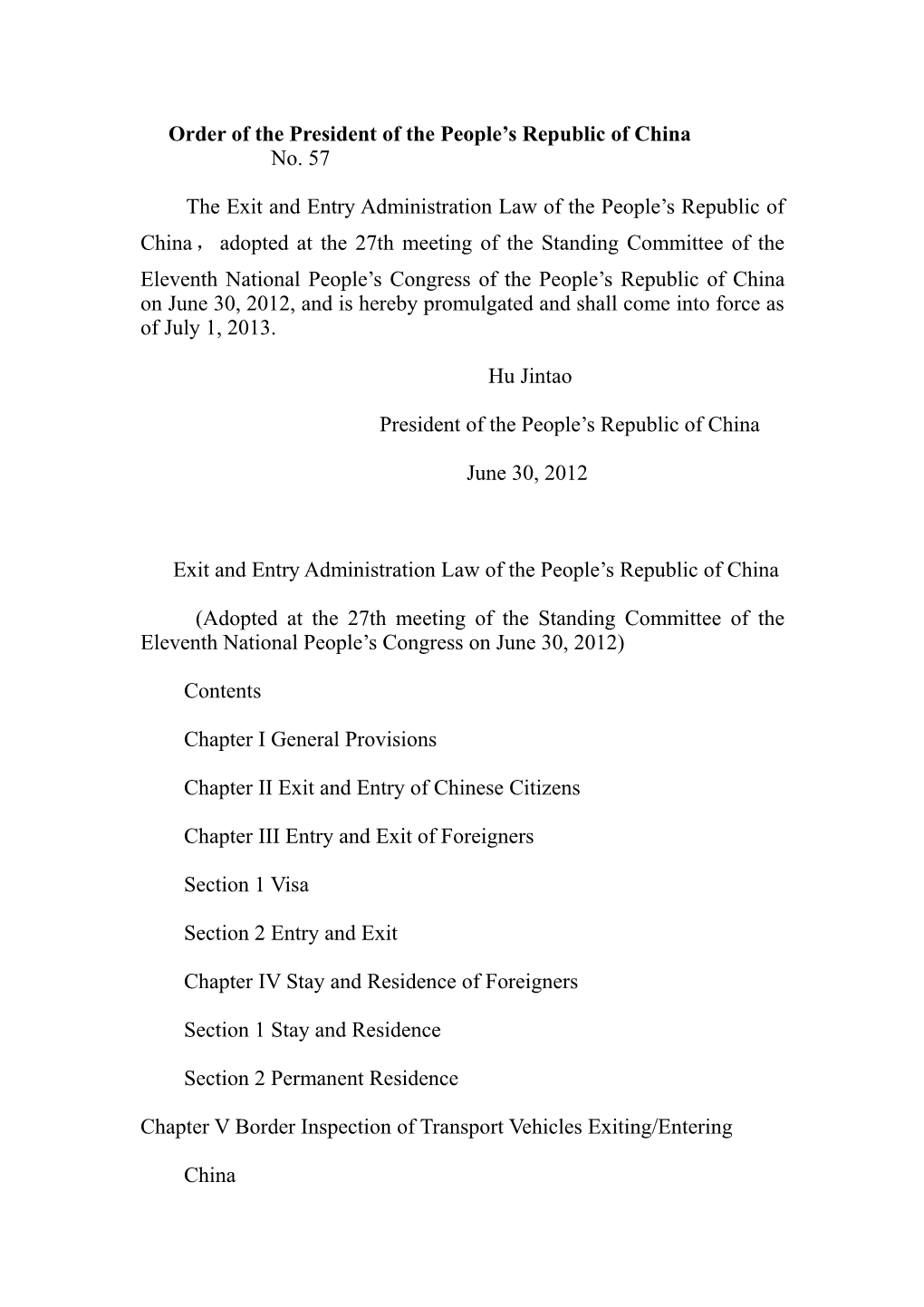 Order of the President of the People S Republic of China