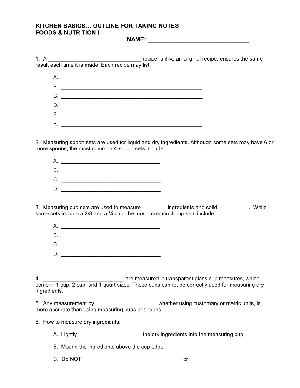 Kitchen Basics Outline for Taking Notes