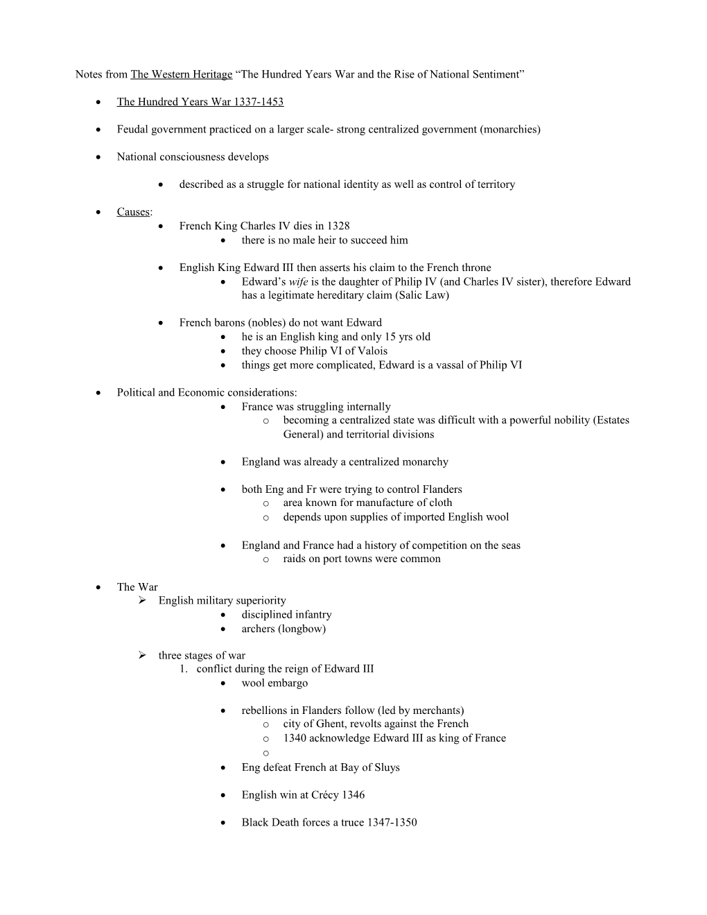 Notes from the Western Heritage the Hundred Years War and the Rise of National Sentiment