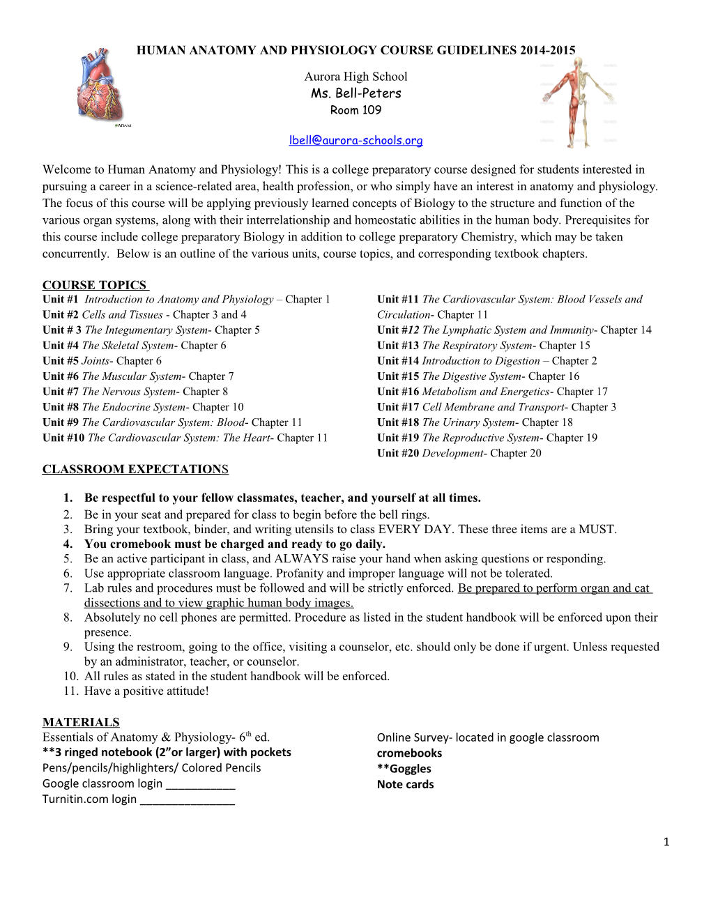 Human Anatomy and Physiology Course Guidelines 2014-2015