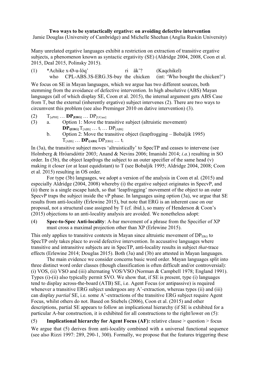 Two Ways to Be Syntactically Ergative: on Avoiding Defective Intervention