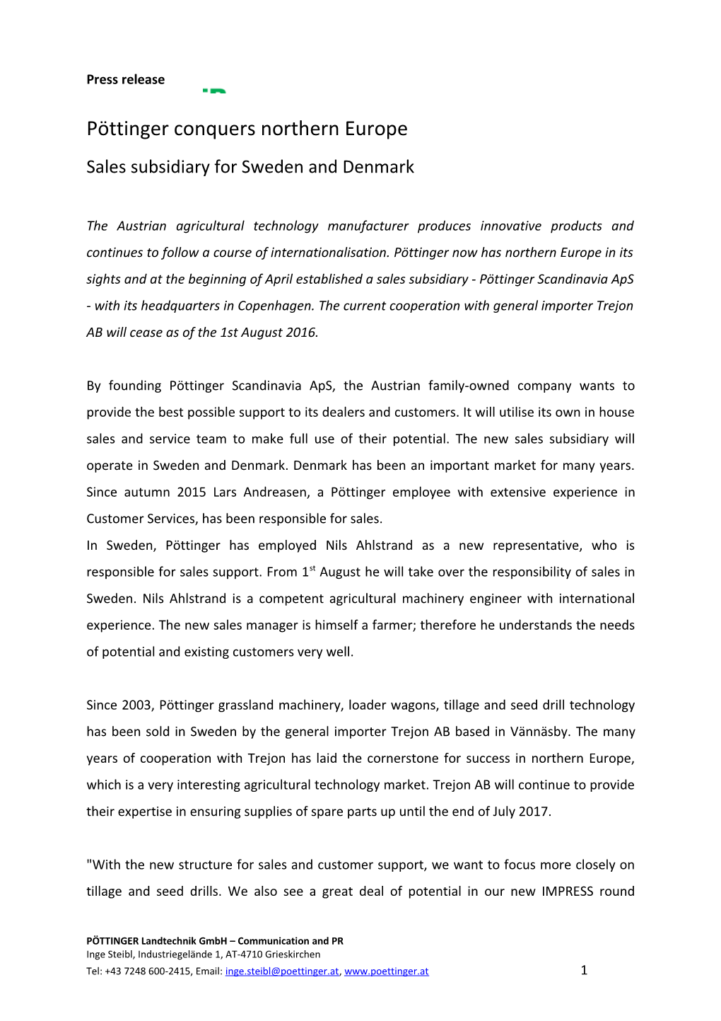 Sales Subsidiary for Sweden and Denmark