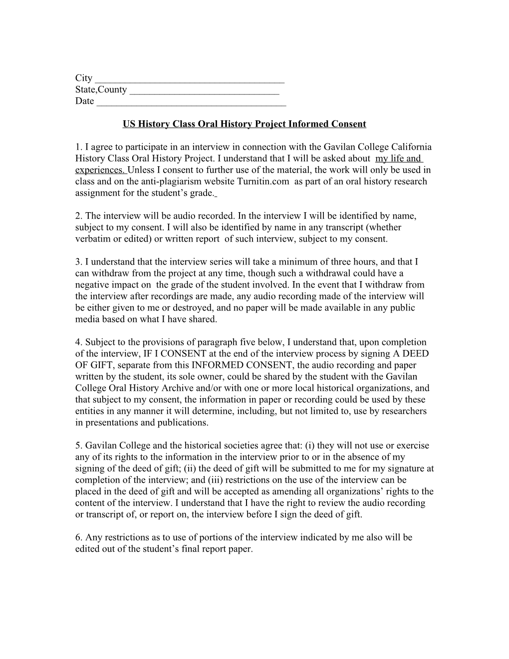 US History Class Oral History Project Informed Consent