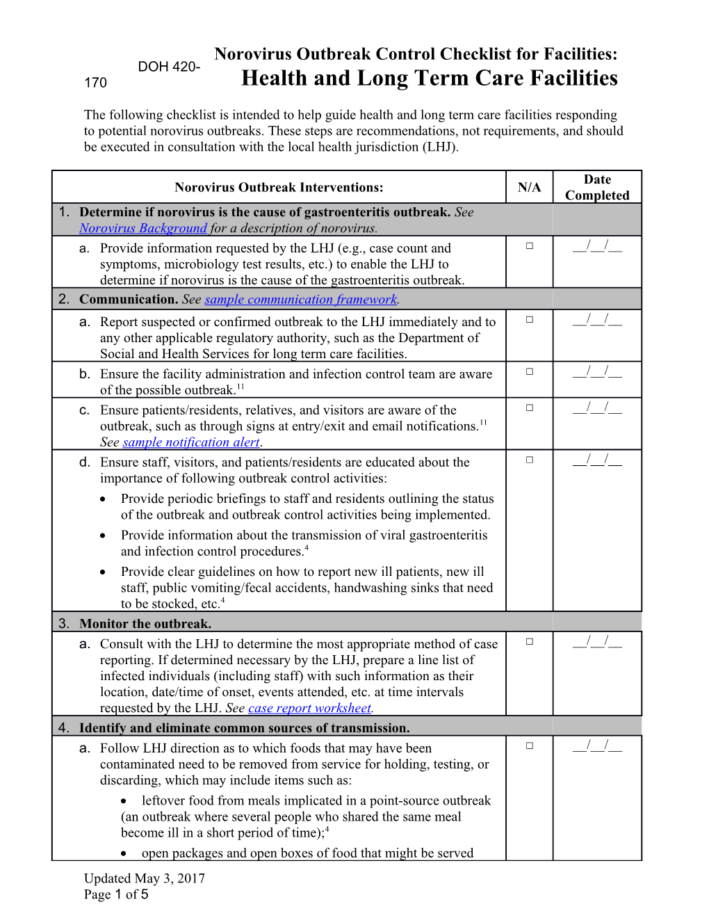 Norovirus Outbreak Control Checklist for Facilities: Health and Long Term Care Facilities