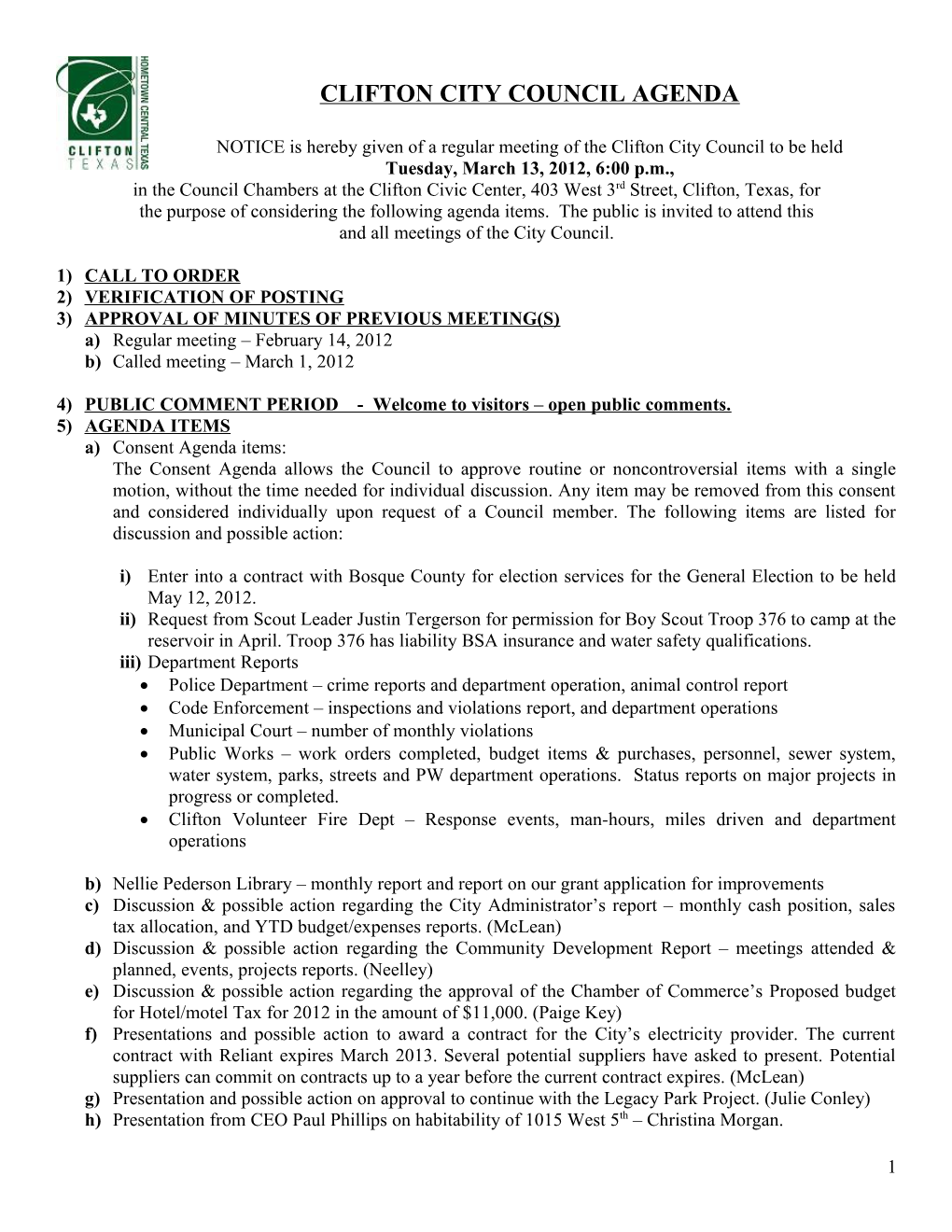 Clifton City Council Agenda