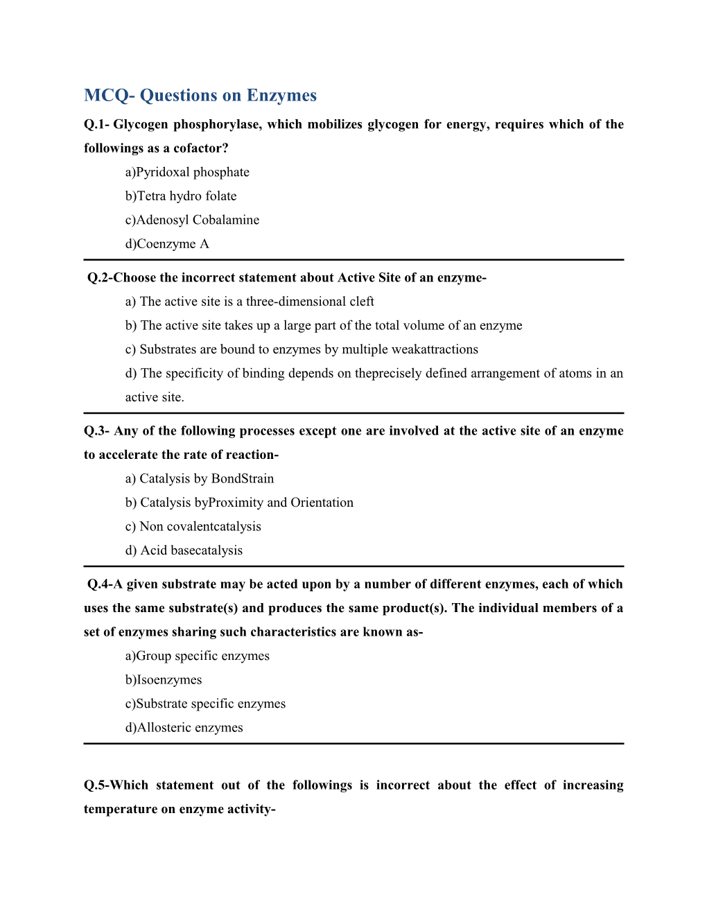 MCQ- Questions on Enzymes