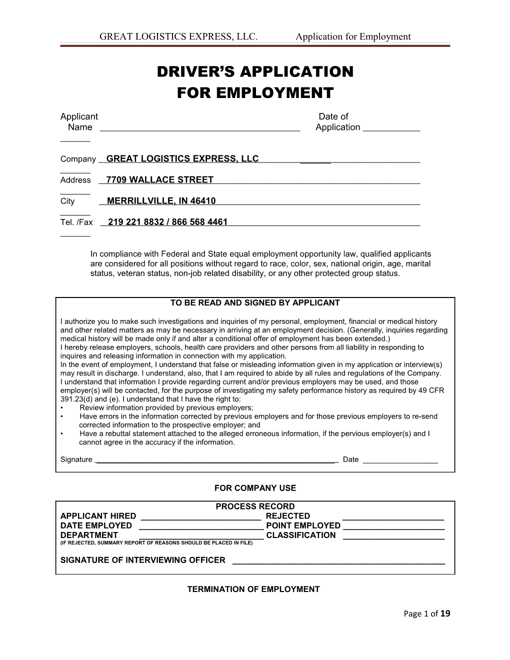 GREAT LOGISTICS EXPRESS, LLC. Application for Employment
