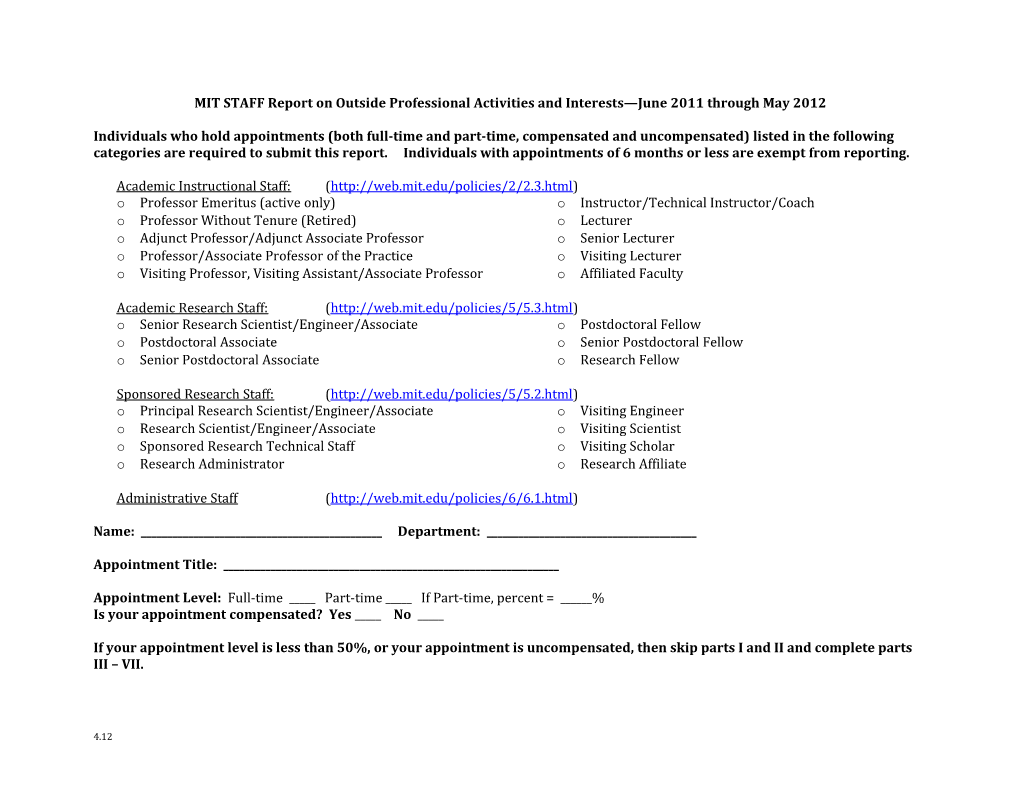 MIT STAFF Report on Outside Professional Activities and Interests June 2011 Through May 2012