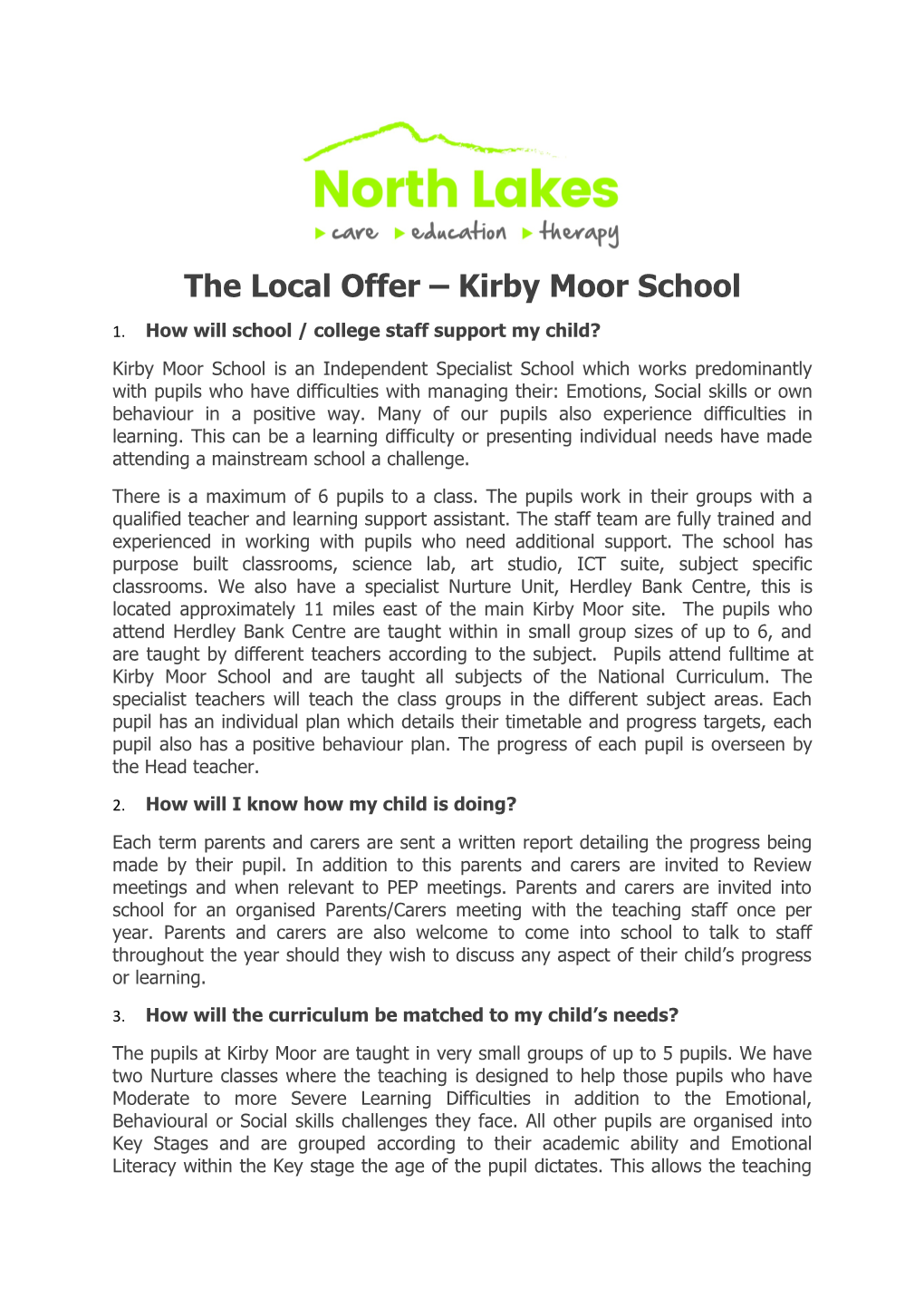 The Local Offer Kirby Moor School