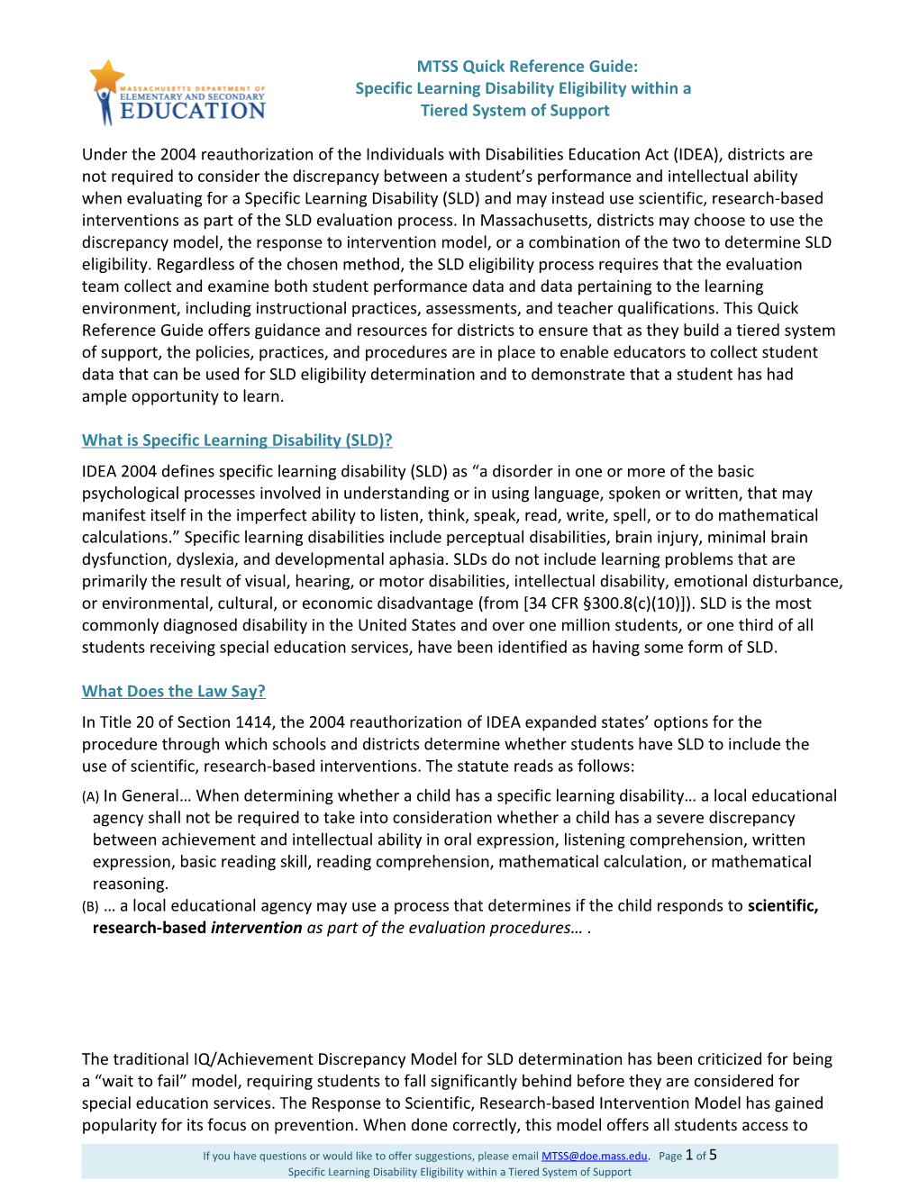 MTSS Quick Reference Guide: Specific Learning Disability Eligibility Within a Tiered System