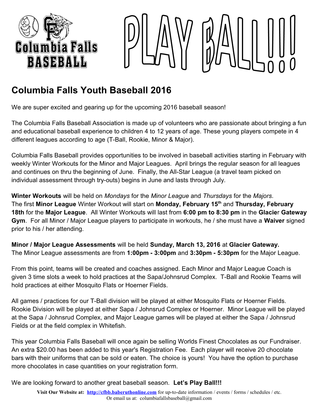 Columbia Falls Youth Baseball 2016