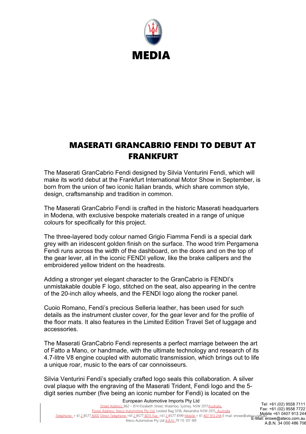 Maserati Grancabrio Fendi to Debut at Frankfurt