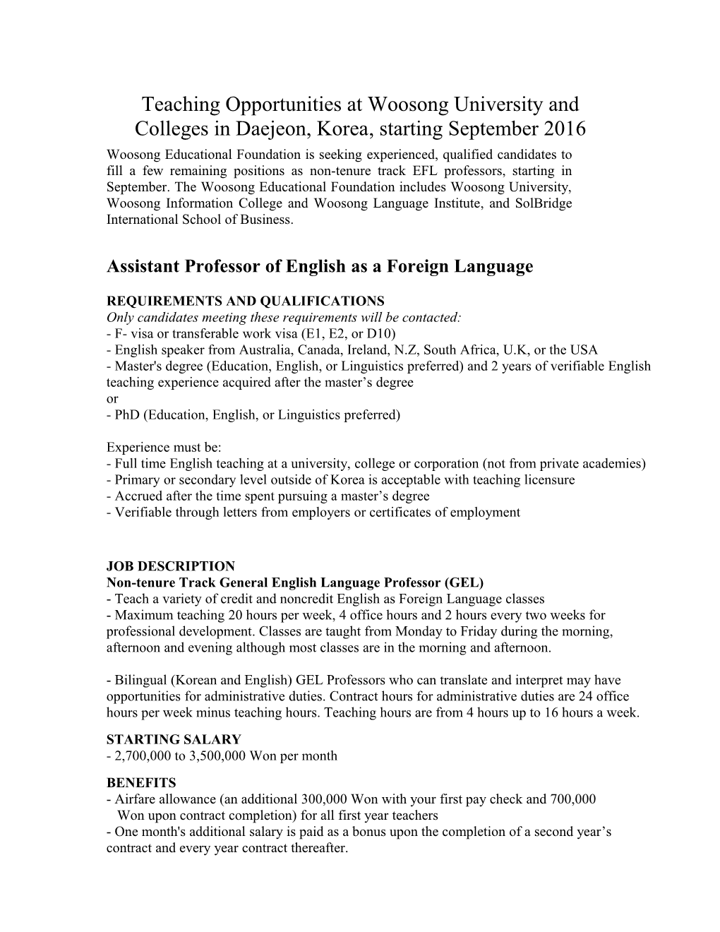 Teaching Opportunities at Woosong University and Colleges in Daejeon, Korea
