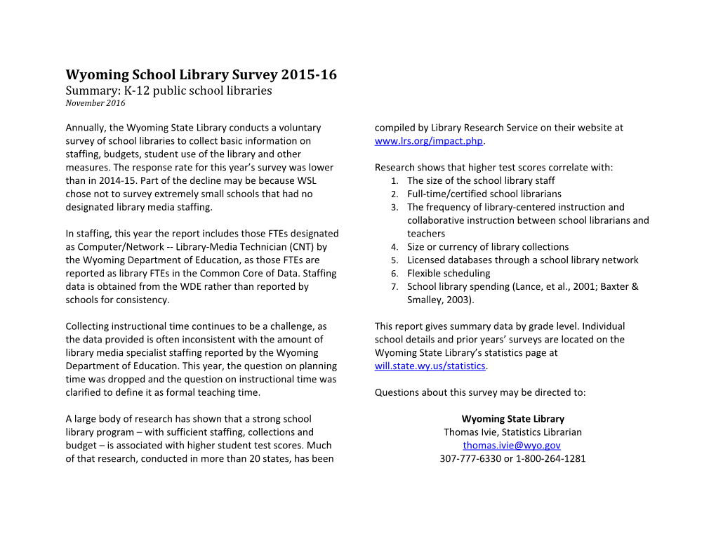 Wyoming School Library Survey 2015-16