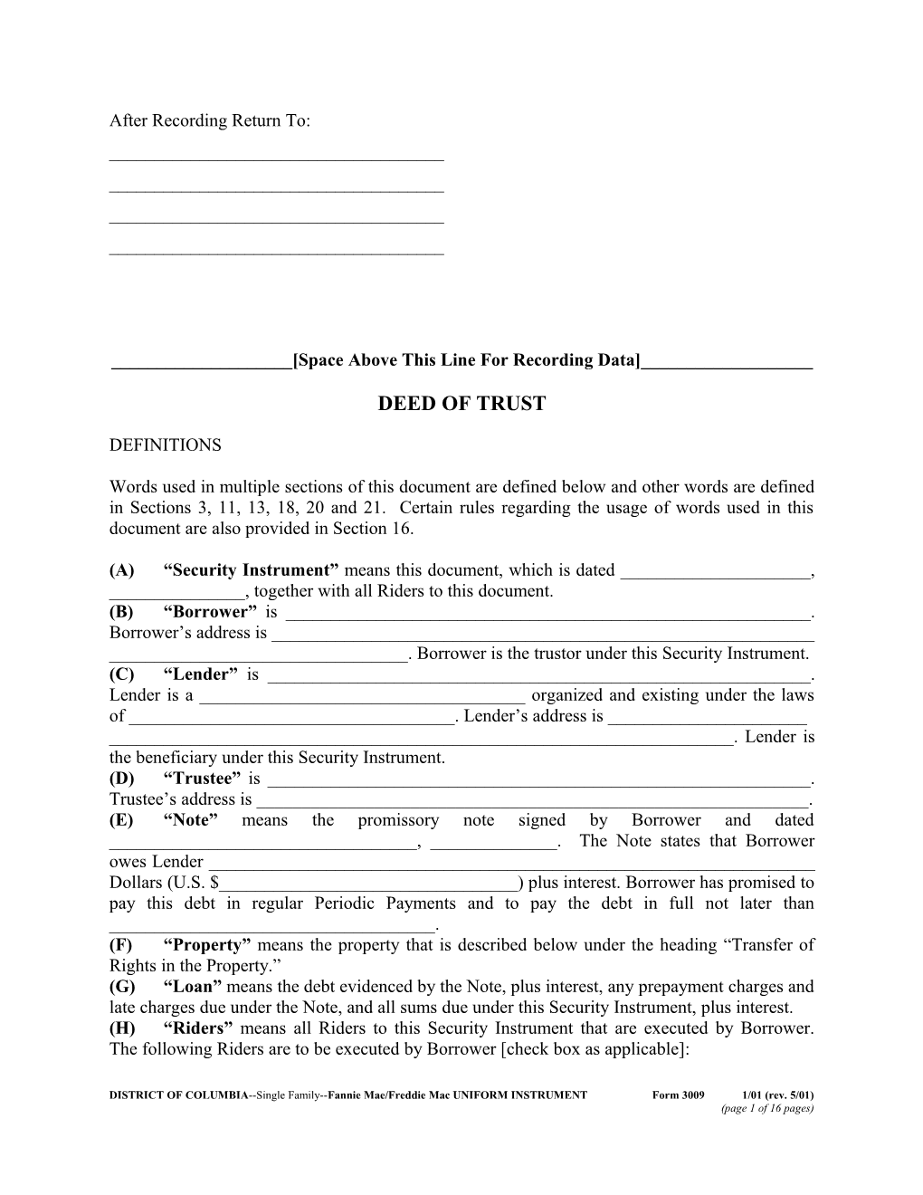 District of Columbia Deed of Trust