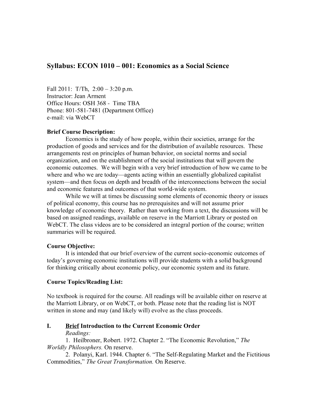 ECON 1010 001: Economics As a Social Science