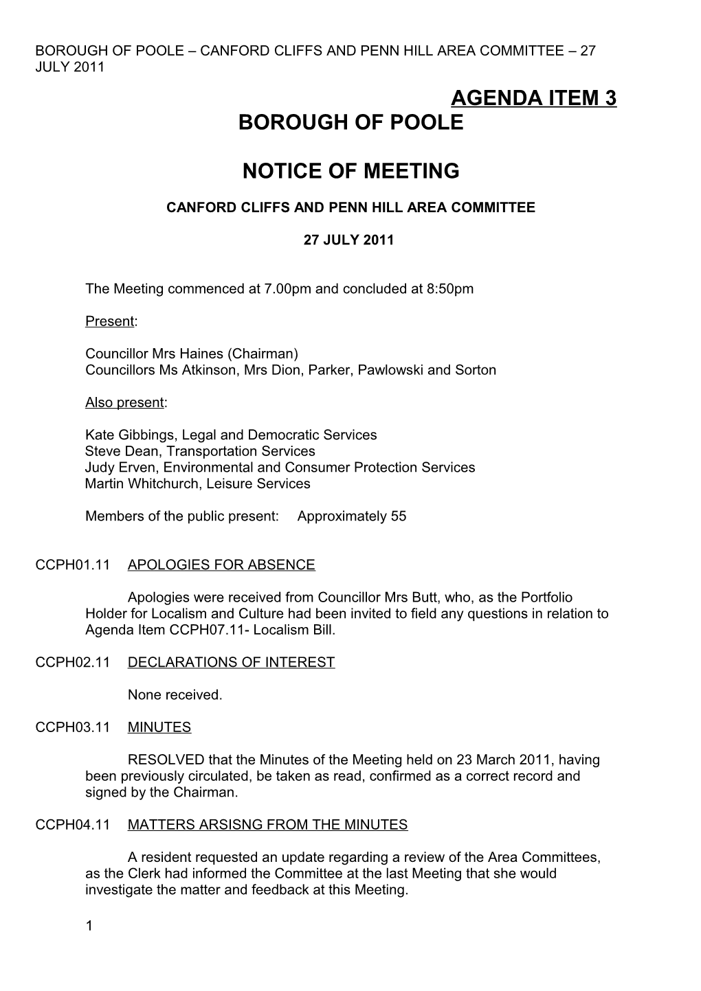 Agenda - Canford Cliffs and Penn Hill Area Committee - 23 March 2011
