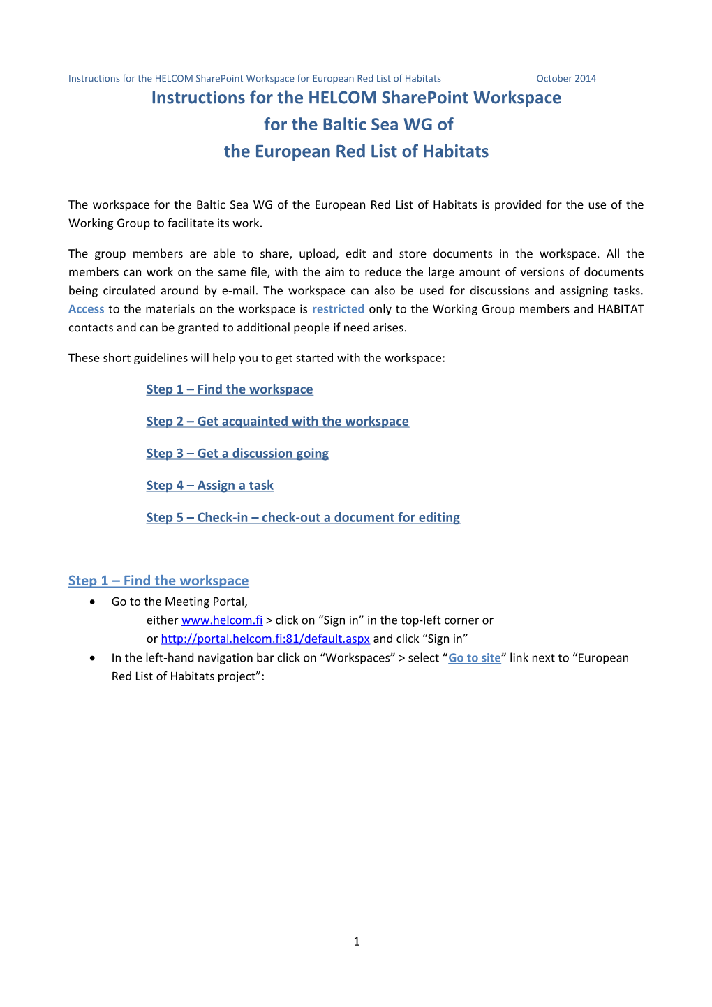 Instructions for the HELCOM Sharepoint Workspace