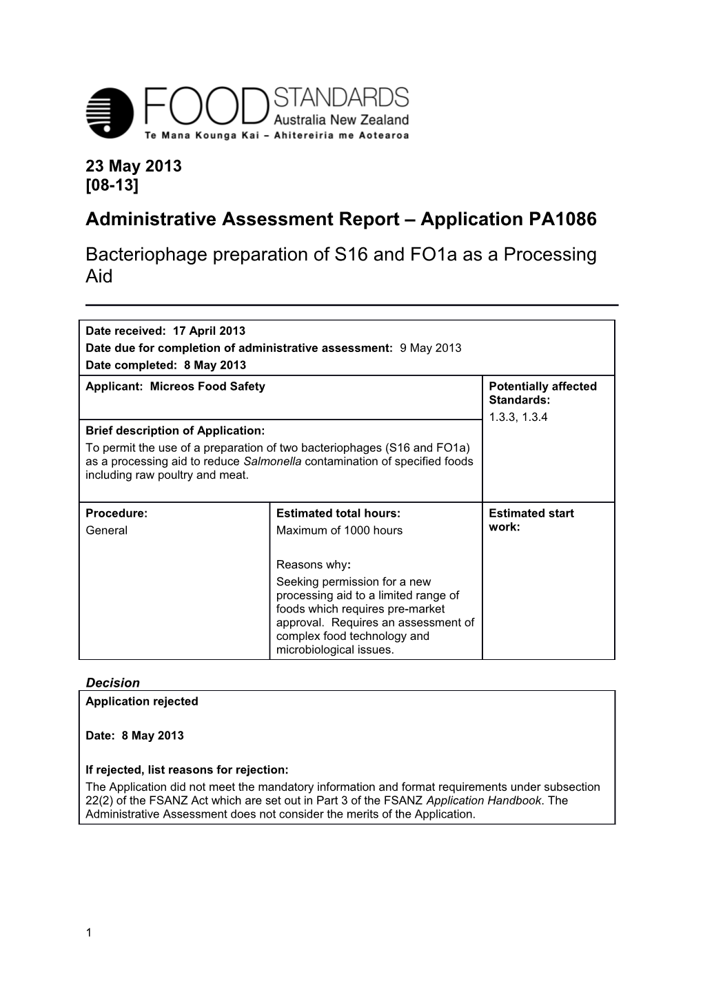 Administrative Assessment Report Applicationpa1086