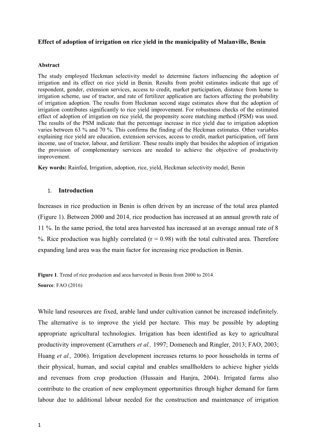 Effect of Adoption of Irrigation on Rice Yield in the Municipality of Malanville, Benin