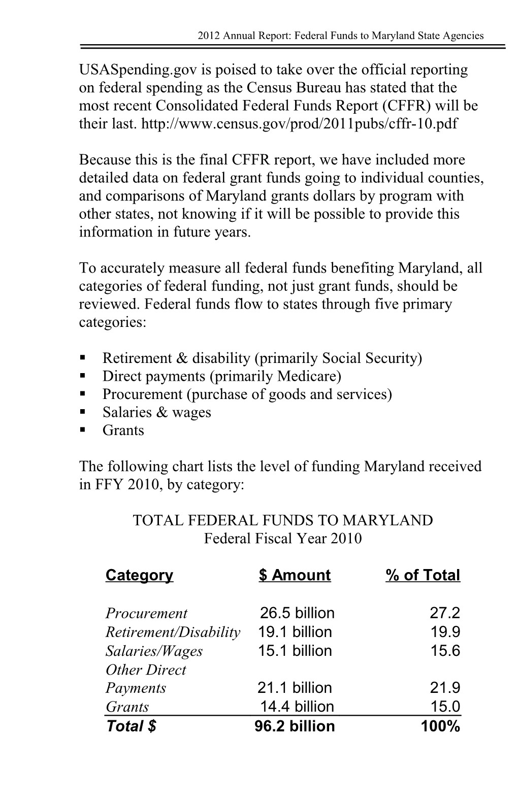 2012Annual Report: Federal Funds to Maryland State Agencies