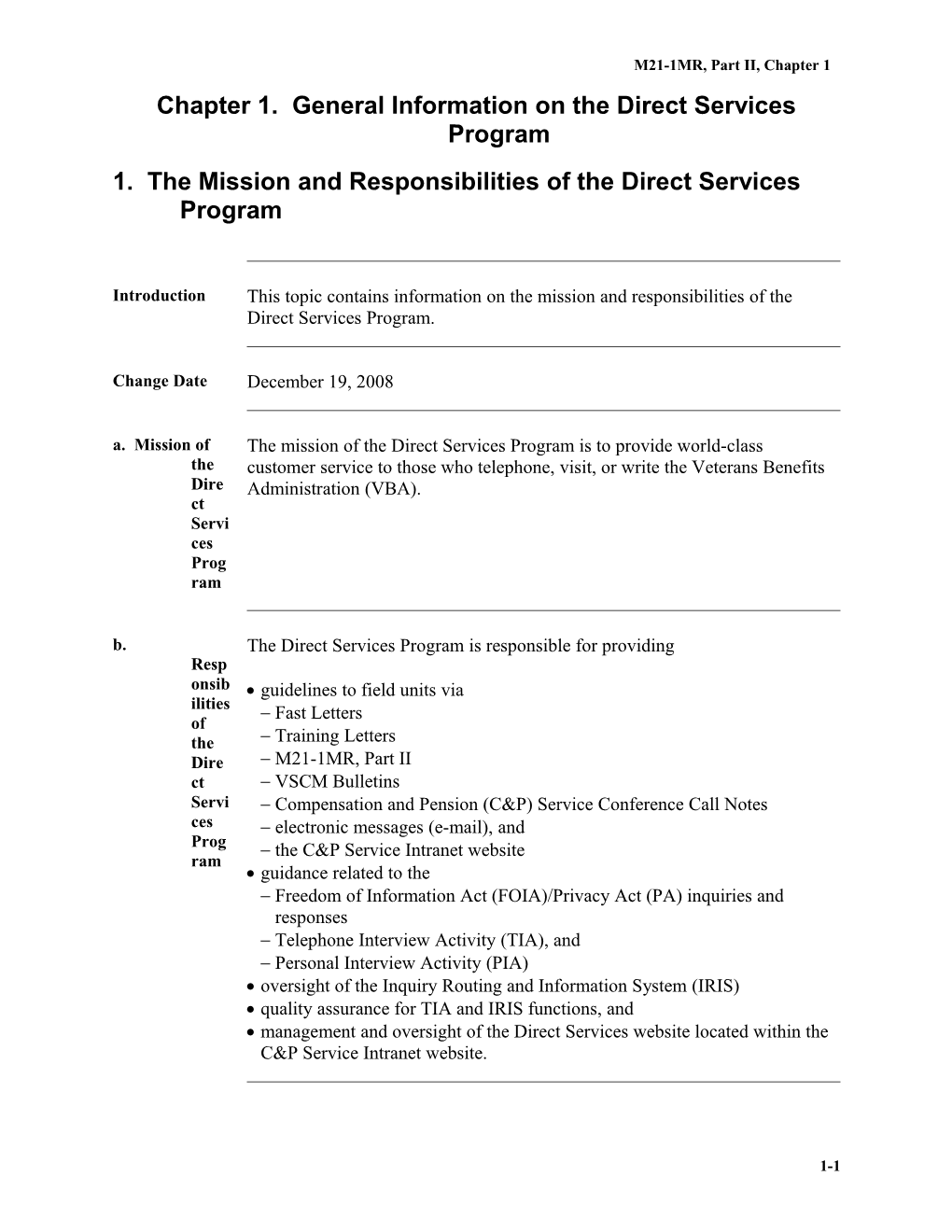 Part II, Chapter 1. General Information on the Direct Services Program