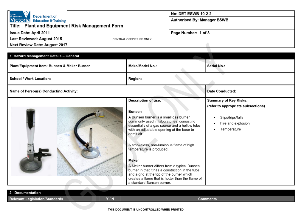 Safe Work Procedure Template - Bunsen Burner