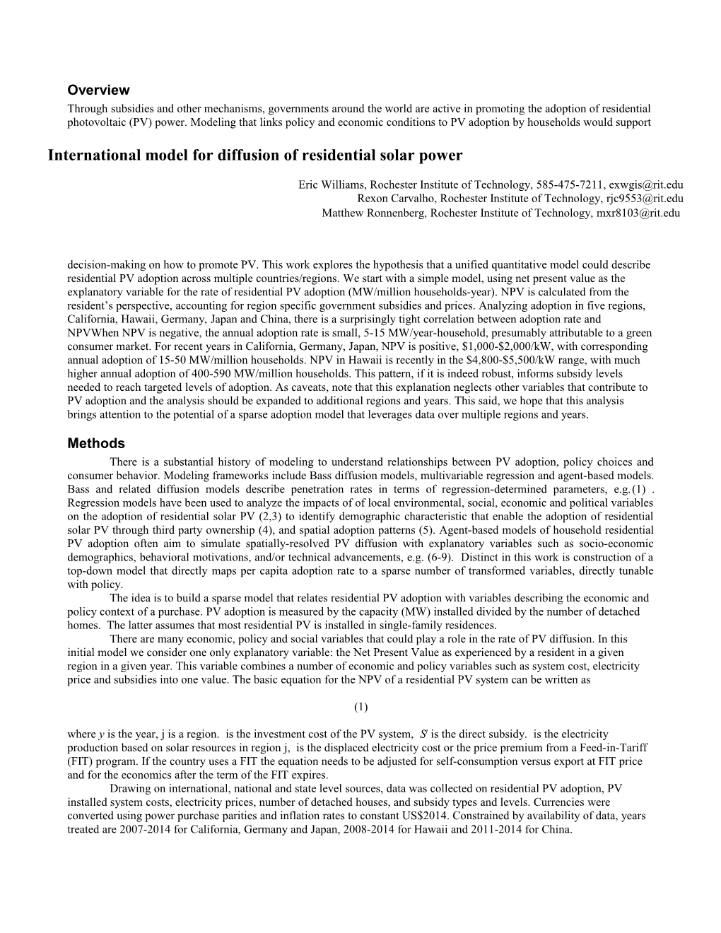 International Model for Diffusion of Residential Solar Power