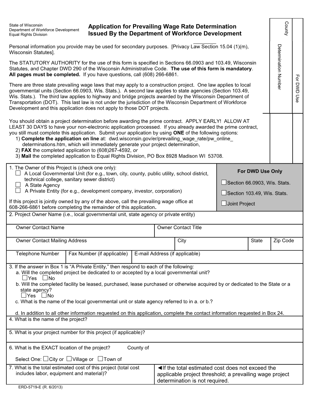 ERD-5719-E, Application for Prevailing Wage Rate Determination