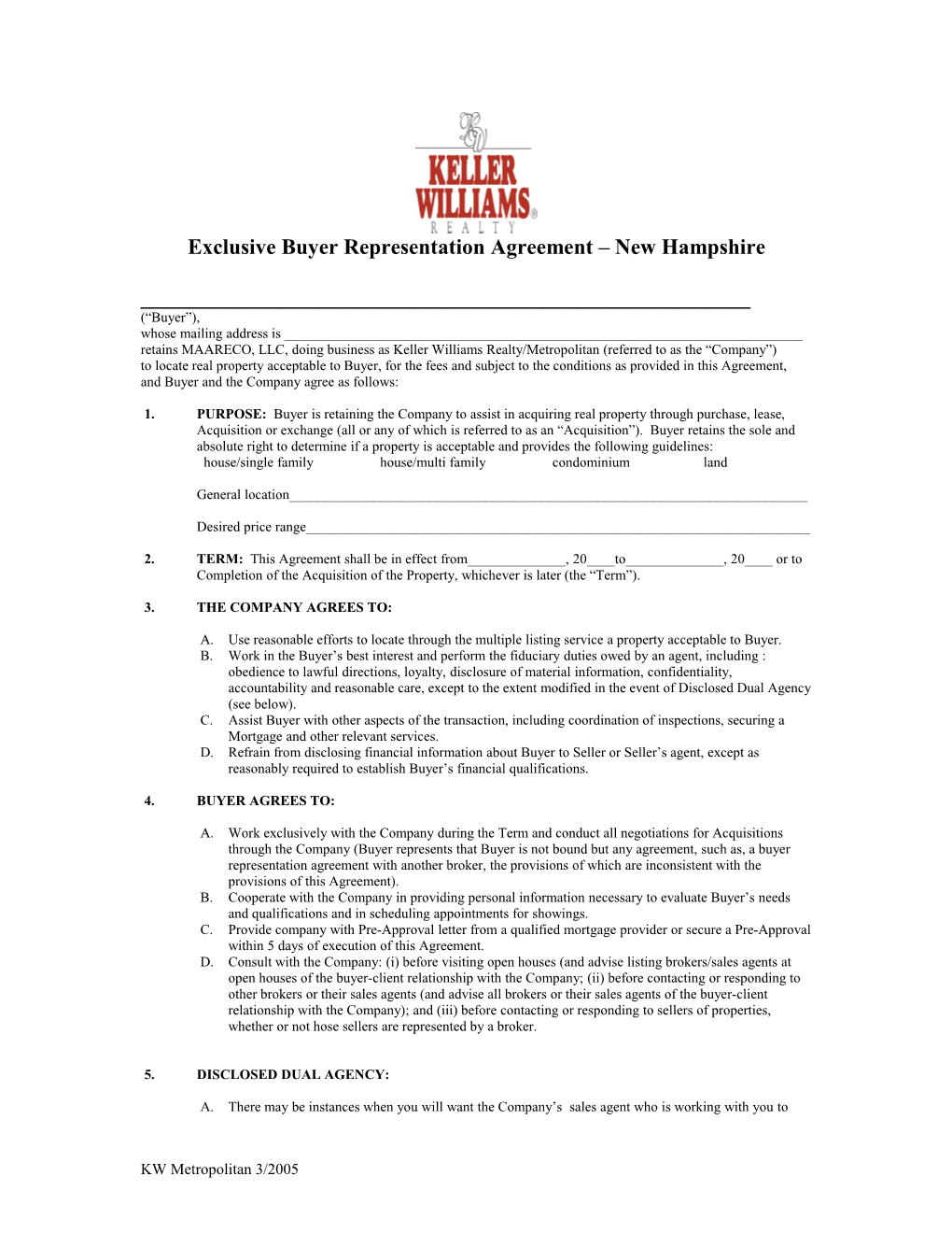Exclusive Buyer Representation Agreement New Hampshire