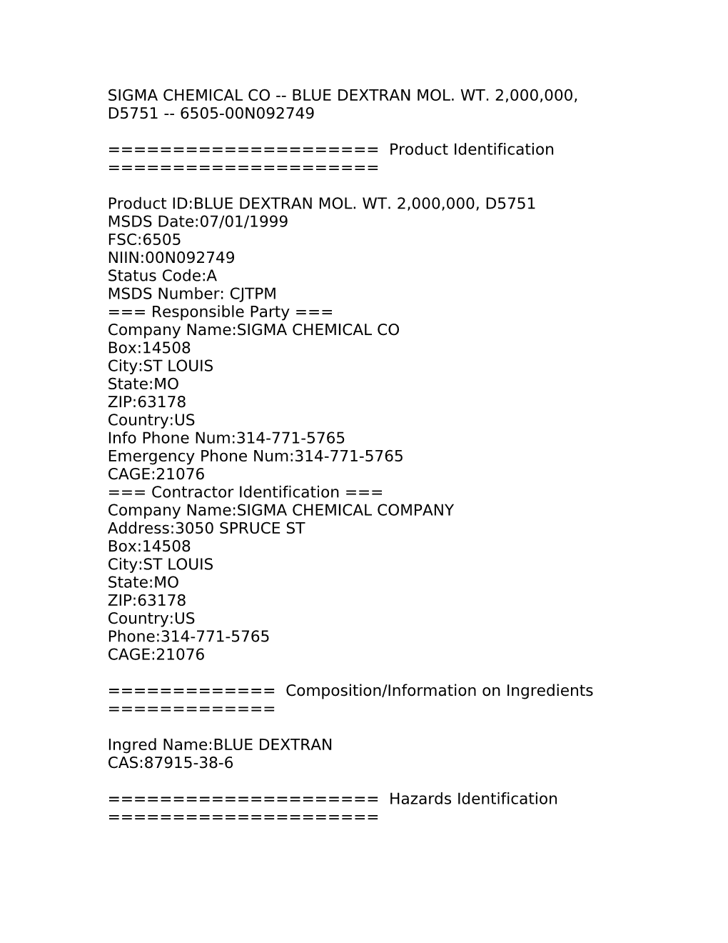 Sigma Chemical Co Blue Dextran Mol