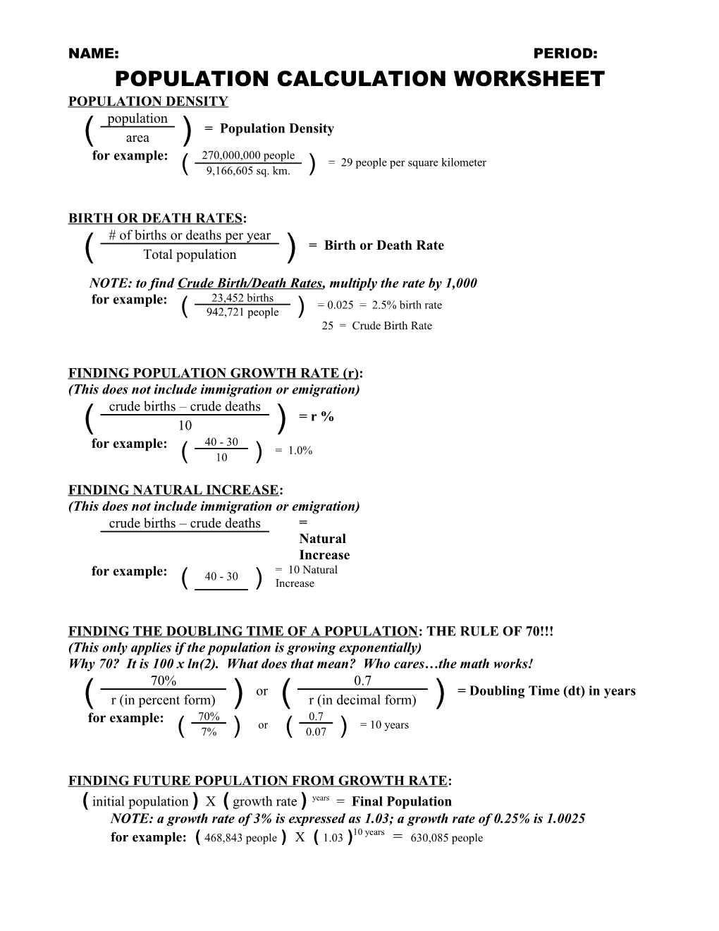 Population Calculation Worksheet