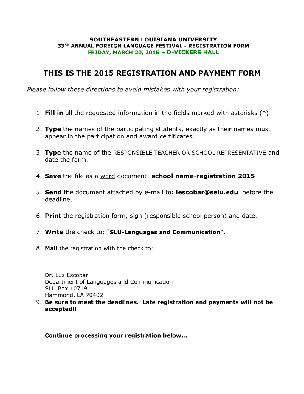 33Rd Annual Foreign Language Festival - Registration Form
