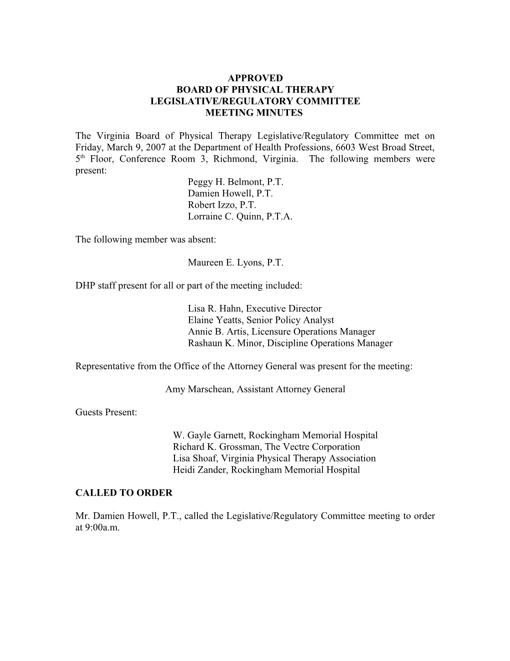 Physical Therapy-Legislative/Regulatory Committee Meeting Minutes March 9, 2007