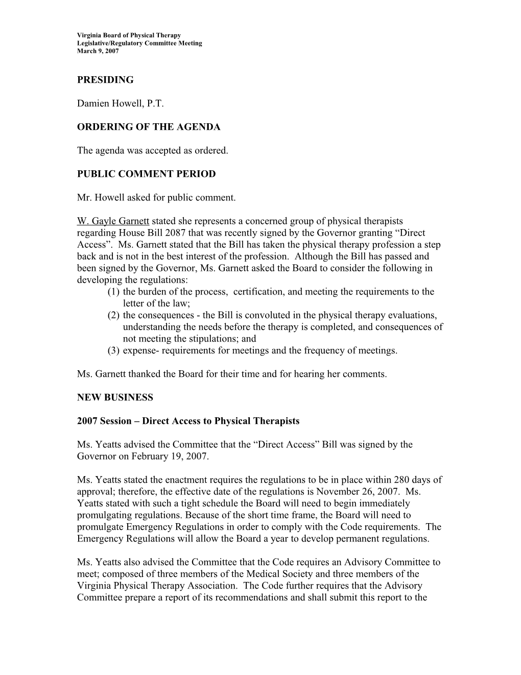 Physical Therapy-Legislative/Regulatory Committee Meeting Minutes March 9, 2007