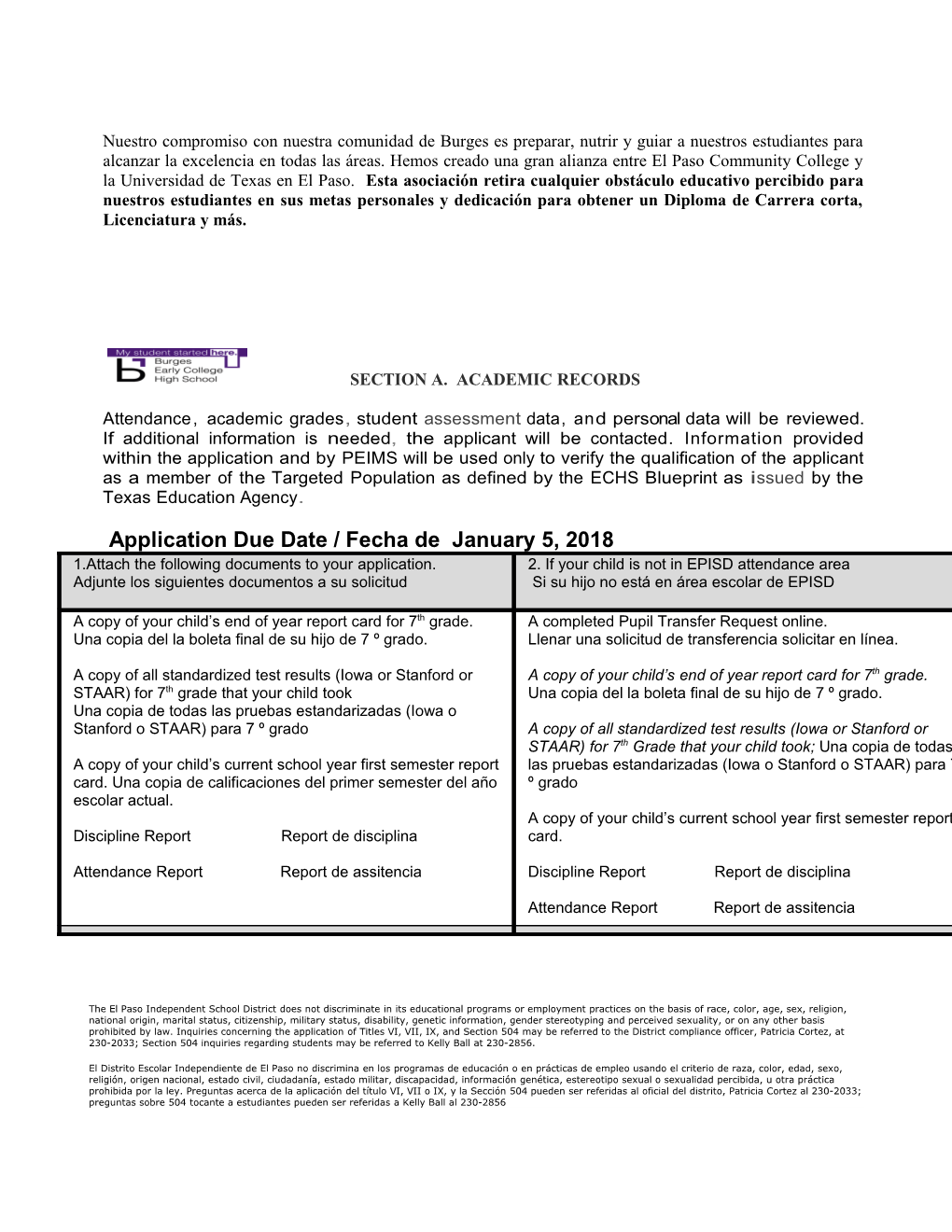 Burges Early College High School 20118-19Application for Admission